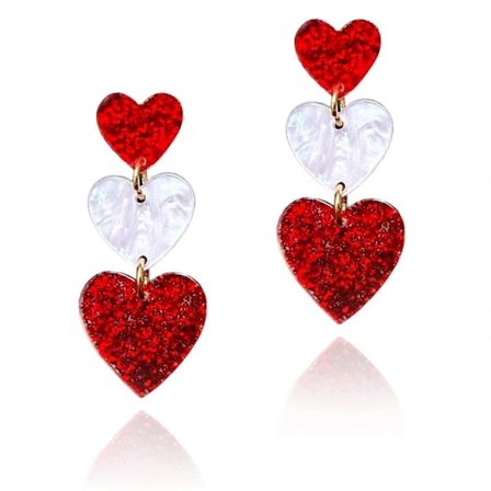 Tre Hjärta Øreringe Hjärta Hængende Øreringe til Kvinder Kærlighed Hjärta Dråbe Øreringe til Bryllup Valentinsdag Mors Dag Gave (rød og hvid)