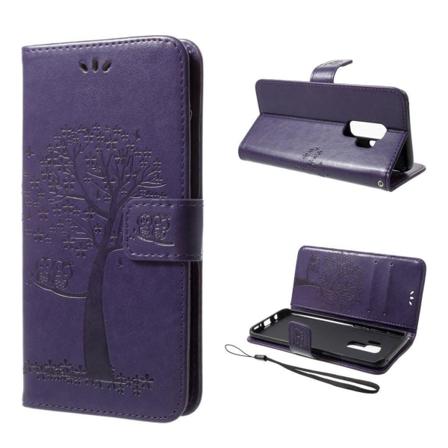 Samsung Galaxy S9 Plus stemplet Træ ugle beskyttende PU læder flip etui - Mørkelilla Purple