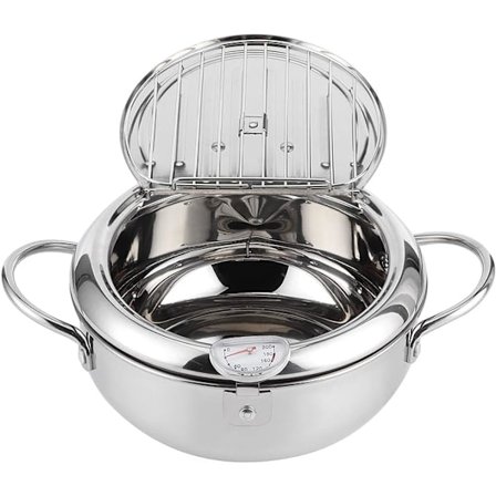 Friteuse Panne Japansk Tempura Liten Frityrkoker Stekepanne med Termometerlokk og Oljeavløpsstativ for Pommes Frites (Stor størrelse 24cm)