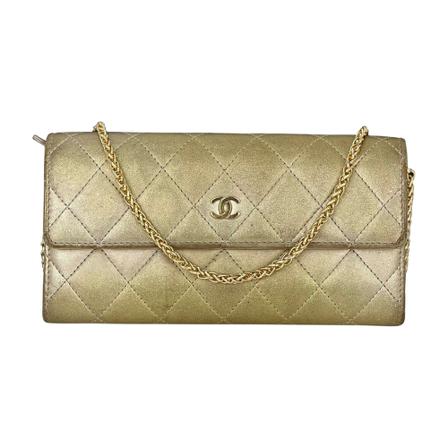 Chanel Vintage, Pre-owned Wallet Large Gusset Flap Metallic Gold Quilted Lambskin Added Chain B481 Geel, Dames, Maat:ONE Size