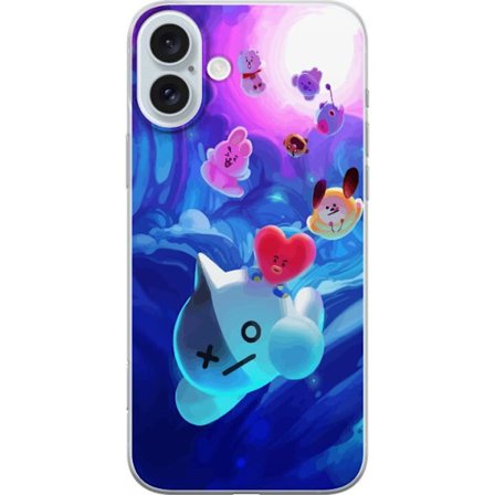 Kompatibelt Mobilskal till Apple Apple iPhone 16 Plus BT21-karaktärer svävar genom ett magiskt blått universum fyllt av virvlande ljus, energi och