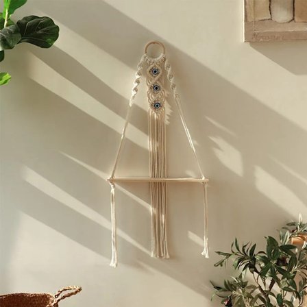 Boho vägg hylla, handvävd blomkruka stativ, väggdekoration med tofsar, väggmontering för sovrum, balkong