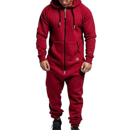 Mænd Onesie Hoodie Jumpsuit med lynlås Vinter Casual Hættetrøje Playsuit Wine Red XL