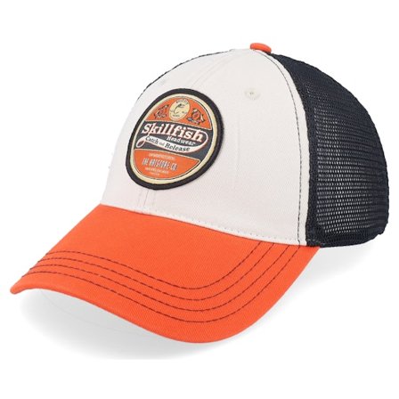 Skillfish - Beige trucker Cap - Retro Fishing Logo 111 Tri Stone/Black/Orange Trucker @ Hatstore