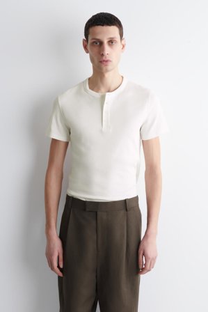 COS Men's Slim-Fit Ribbed Henley T-Shirt in White