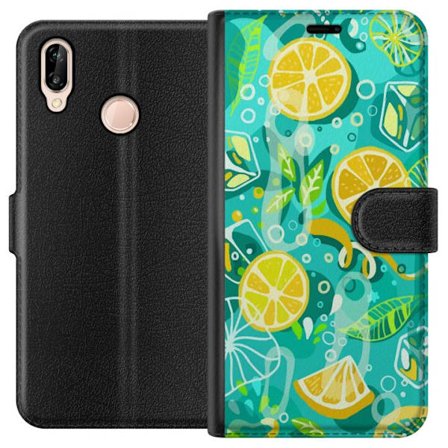 Kompatibel Tegnebogsetui til Huawei P20 lite Frisk citrussyre med citronblade og bobler i livlig farveskema