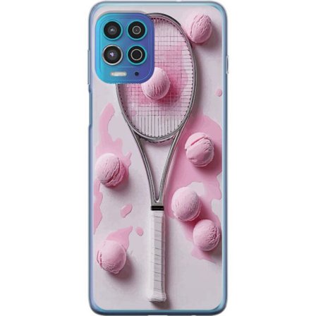 Kompatibel Mobilcover til Motorola Motorola Moto G100 Rosa glaskugler og tennisketsjer i et kreativt stillbillede med legende popfølelse og moderne d