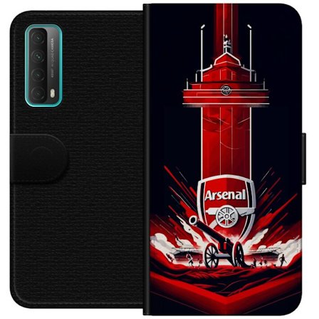 Yhteensopiva Lompakkokotelo Huawei P smart 2021 Arsenal-embleemi, jossa tykki ja stadionmotiivi voimakkaassa punaisessa ja valkoisessa urheilusuunnitt