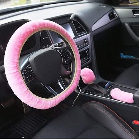 (rosa) 3 Pack Fluffy Plush Car Rat Deksler For Universal Størrelse M 36-40cm Med Håndbrems Deksel Og Gear Shift Deksel