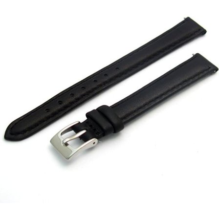 Dame Blød Ægte Læder urrem 12mm, Sort, Krom (Sølvfarvet) spænde