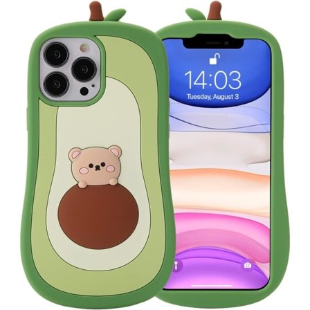 IC 3D Avokado-etui for iPhone 13 Pro, iPhone 13 Pro Avokado-etui, 3D Søt Tegneserie Barn Jenter Kvinner Kawaii Elskelig Bjørn Avokado Form