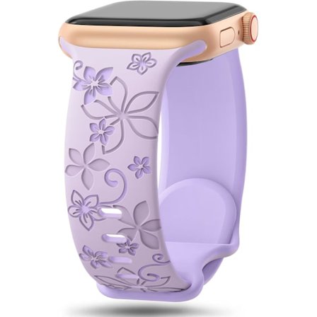 Lila Blommig Graverade Armband Kompatibla med Apple Watch Armband 44mm 45mm 42mm 49mm 46mm för Kvinnor, Söta Blommiga iWatch Armband Mjukt Silikon 