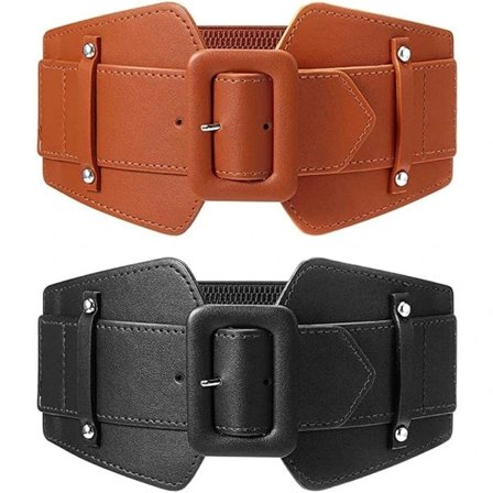 2-pak strækbare brede bælter til kvinder, vintage korsetbælte retro tykt spænde bælte bredt midjebælte til tøj jakker (sort + brun)