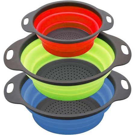 Foldbart Si & Dørslag Sæt med 3, Silikone Køkken Dørslag med Plasthåndtag, Vask Si, Perfekt til at Hælde Pasta, Grøntsager, Frugt