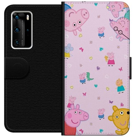 Kompatibelt Lommeboketui til Huawei P40 Pro Peppa Gris med en baby i armene, mamma gris motiv i fargerik og myk barneillustrasjon med hjerter