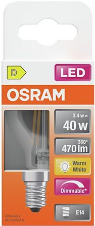 OSRAM Led Lyspære E14 Classic P40 470lm klar Dimbar Varmhvit