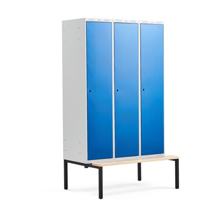Kleiderspind CLASSIC mit Sitzbank, 3 Module, 2120 x 1200 x 550 mm, blau