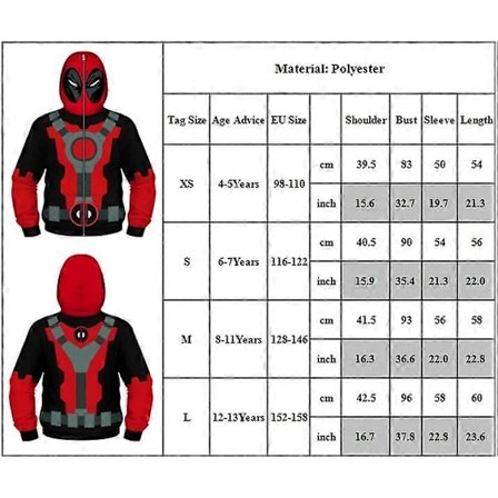 Deadpool Klær Barn Gutter Cosplay Superhelt Kostyme Full Zip Hoodie Genser Topper Alder 4-13 År V .