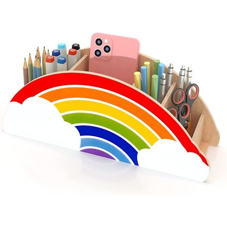 Wooden Pencil Holder and Pen Holder - Rainbow Desk Organizer for Office Supplies Classroom for Women and Kids