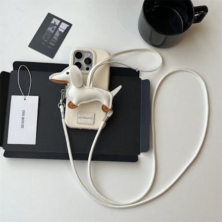 Deksel til iPhone 13 Kremhvit base dachshund bakklips Lang lærledning serie Søt