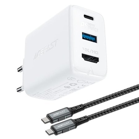 Acefast 2in1 Väggladdare 65W USB-A till USB-C/HDMI Kabel - Vit