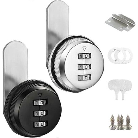 2 stk. Postkasselås, Kodelås, Skabslås, 25 mm Skuffer, Dørlås, Kodelås, Møbellås, 3-cifret Kombinationslås (Sølv og Sort [DB]