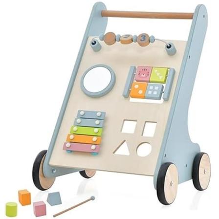 COSTWAY 5 i 1 Baby Walker i trä med lekbräda, förvaringsutrymme, multifunktionell, Montessori-leksak, 10 månader + Färgad