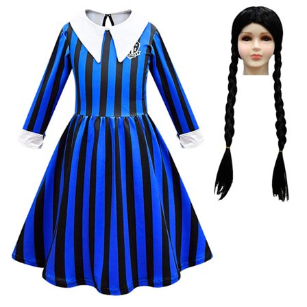 Wednesday Addams skoleuniform Cosplay kjole sæt Halloween kostume til piger (120 cm med paryk)