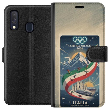 Yhteensopiva Lompakkokotelo Samsung Galaxy A40 Mäkihyppykuvitus, jossa hiihtäjä tähtää kiväärillä lumisella radalla, teksti Milano Cortina 2026 ja oly