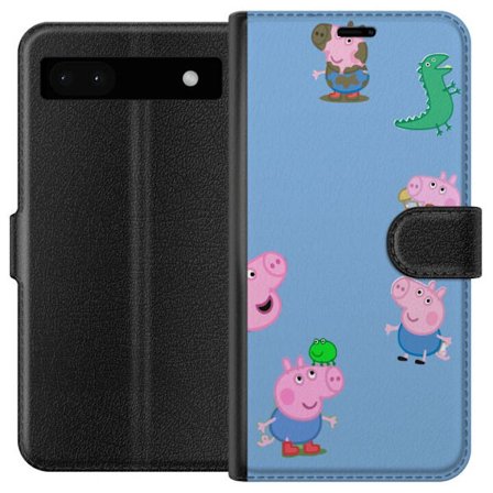 Yhteensopiva Lompakkokotelo Google Pixel 6a Peppa Pig kasvomalli vaaleansinisellä pohjalla, toistuva leikkisä lasten motiivi Greeta Possulla