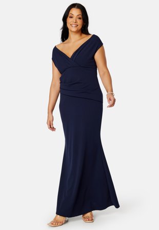 Goddiva Curve Bardot Pleat Maxi Dress Navy Klær