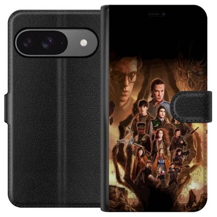 Yhteensopiva Lompakkokotelo Google Pixel 9 Pro Ryhmäpotretti Stranger Thingsin sankareista, joissa on tumma fantasiaympäristö ja uhkaava olento tau