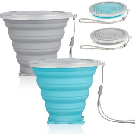 2-pak sammenklappelige silikonekopper, bærbare sammenklappelige rejsekopper med plastiklåg, udendørs rejser vandreture camping picnic (blå og grå)