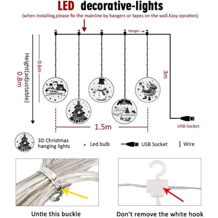 Jouluvaloverho 1,5 m 113 LEDiä 3D-riipuksilla Joulukuvioita USB-jouluvalot Sisustus LED-valosarja parvekkeelle terassille