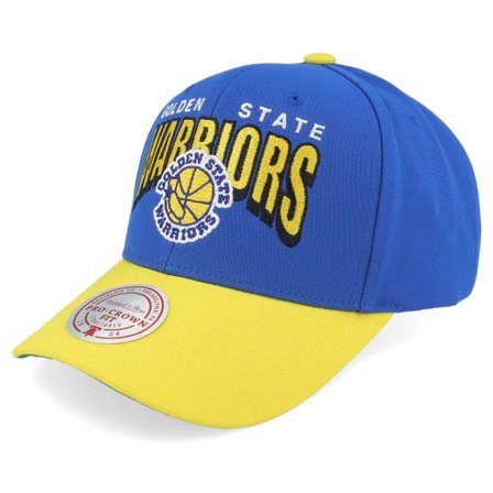 Mitchell & Ness - NBA Blå adjustable Keps - Golden State Warriors Boom Text Pro Blue/Yellow Adjustable @ Hatstore