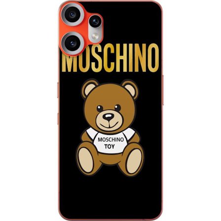 Kompatibelt Mobilskal till Nothing Nothing CMF Phone 2 Pro Moschino-inspirerad nallebjörn med text på tröjan, centrerad mot svart bakgrund med tydl