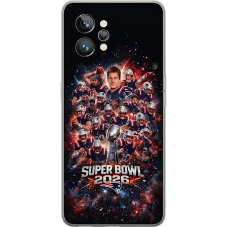 Yhteensopiva Puhelinkuori Realme GT2 Pro Super Bowl 2026 juliste, jossa New England Patriots ja NFL-mestaruuspalkinto räjähtävän urheilullisessa suunn