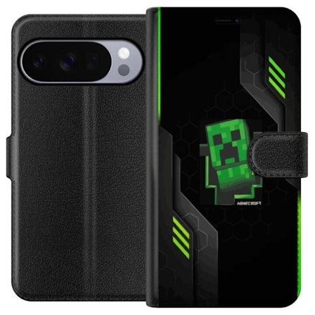 Kompatibelt Plånboksfodral till Google Google Pixel 10 Pro XL Grön pixelbaserad creeperliknande spelillustration med futuriska neoninslag och mörk