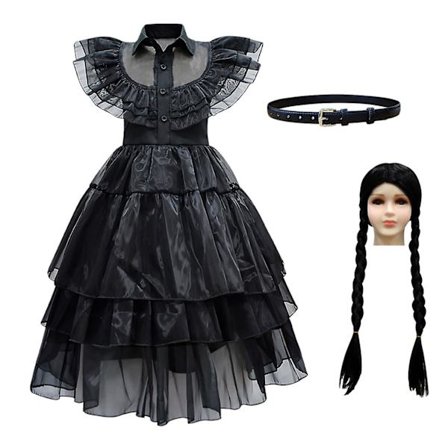Onsdag Addams Cosplay klänning Halloween kostym för barn flickor (140 cm)