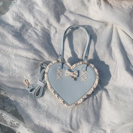 Kawaii Bow Knot Heart Shape Design Plånböcker och handväskor Dam Lolita Axelväskor Skarvade Färgglada Sky Blue 22x5.5x16 CM