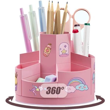360° drejelig roterende penneholder, kreativ pennepotte, skrivebordsarrangør, med 2 stk. tegneserieklistermærker, med 7 rum (Pink)