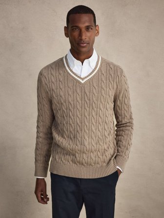John Henric Men's Beige V-Ausschnitt Pullover Regular Fit Size S