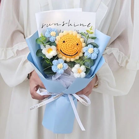 1 Buket Strikkede Solsikker med Glad Ansigt - Simuleret Blomsterbuket til Kæreste, Mor & Bedstemor | Perfekt Gave til Fødselsdage_TF_TF