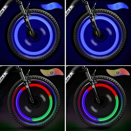 LED Hjullys (blå + Multicolor) Sett med 2 for terrengsykkel-eiker for voksne og barn, vanntette dekk LED neonlys med 3 blinkende moduser