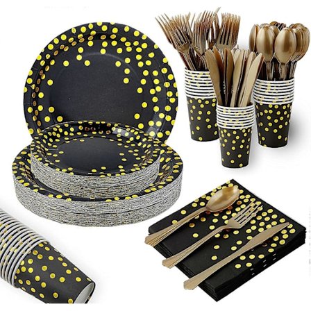 Svarta och Guldiga Festartiklar 175 Delar Engångs Festservis