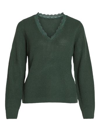 Vilou Rev V-Neck L/S Lace Knit Top -Noos Tops Knitwear Jumpers Khaki Green Vila
