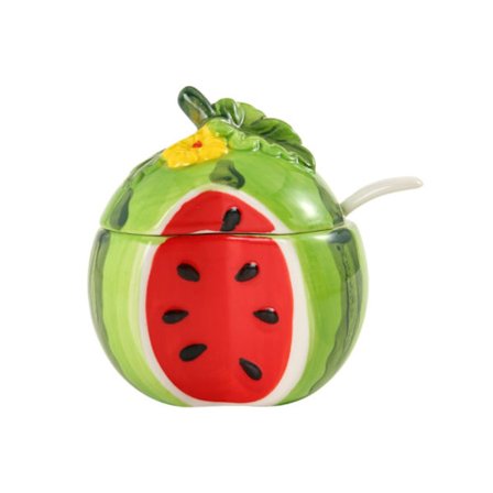 Frugtformet keramisk sukkerskål med låg og ske, dekorativ salt- og peberopbevaringskrukke til køkkenbordplade, kreativt krydderi