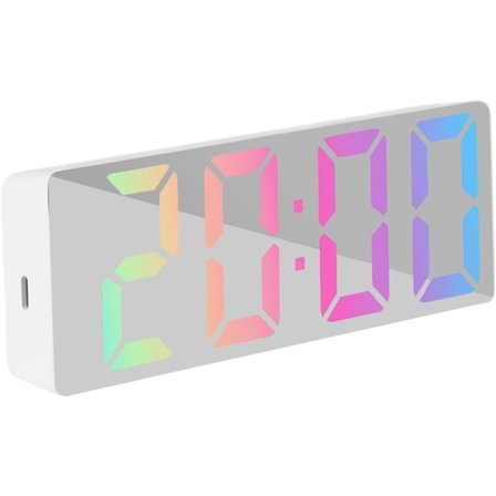 LED Spejl Vækkeur med Stort Display - Stille Moderne Digitalt Ur til Soveværelse u0026 Skrivebord - Hvid Skal med Farvet Lys
