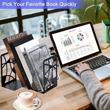 Bokstøtter, bokstøtter for hyller, metallbokstøtte svart bokdeler/holder, dekorative bokstøtter for tunge bøker, kraftig bokstativ geometrisk des