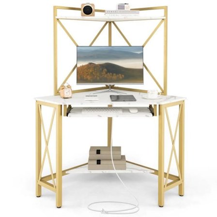 COSTWAY Hörndatorbord med hutch, hyllor och tangentbordsfack, AC-uttag och USB-portar, vit